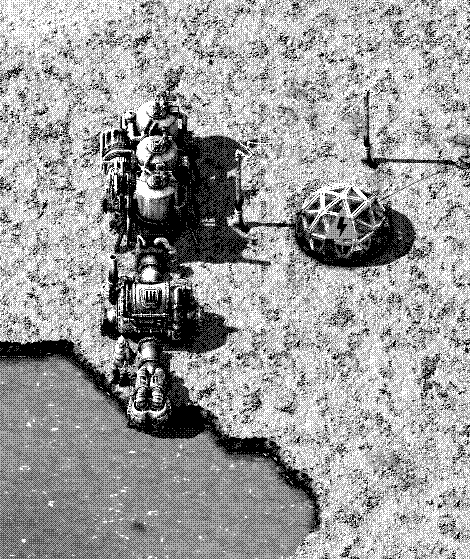 Orbital surveillance capture of BORE-01's Nauvis surface installation: offshore pump, boiler, steam engine, unpowered lab, and electric pole at the water's edge.